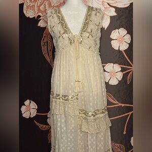 Palak Ivory & Gold Boho Maxi Dress with Sequin Trim and Beading